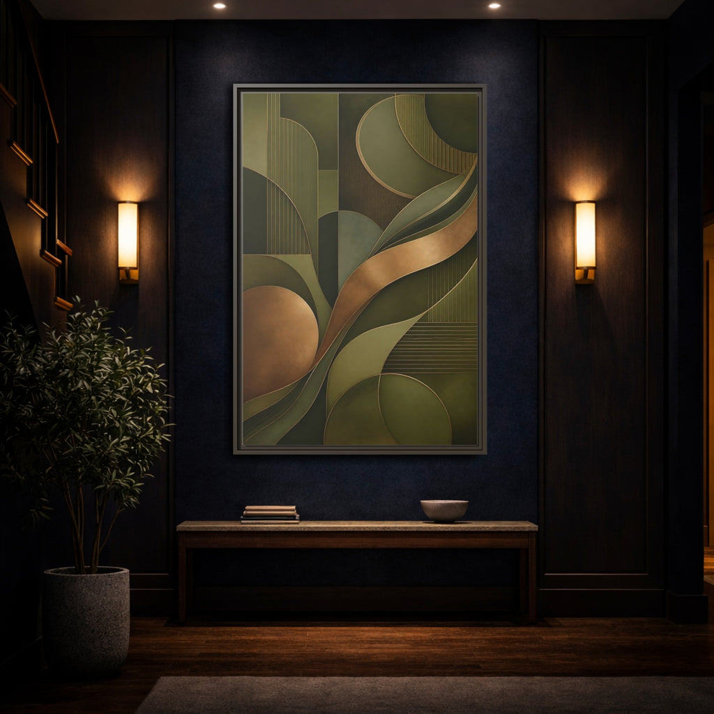 Mockup 4. Abstract Abstract Forms Green And Gold shown as stretched canvas wall art