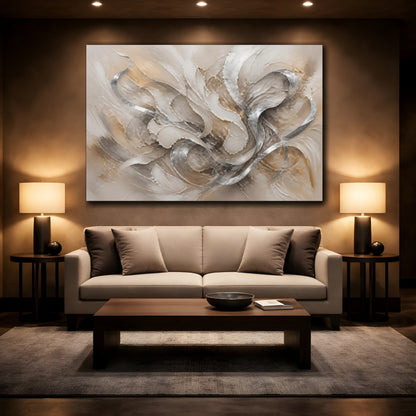 Mockup 2. Abstract Abstract Forms Neutral Silver Gold shown as stretched canvas wall art