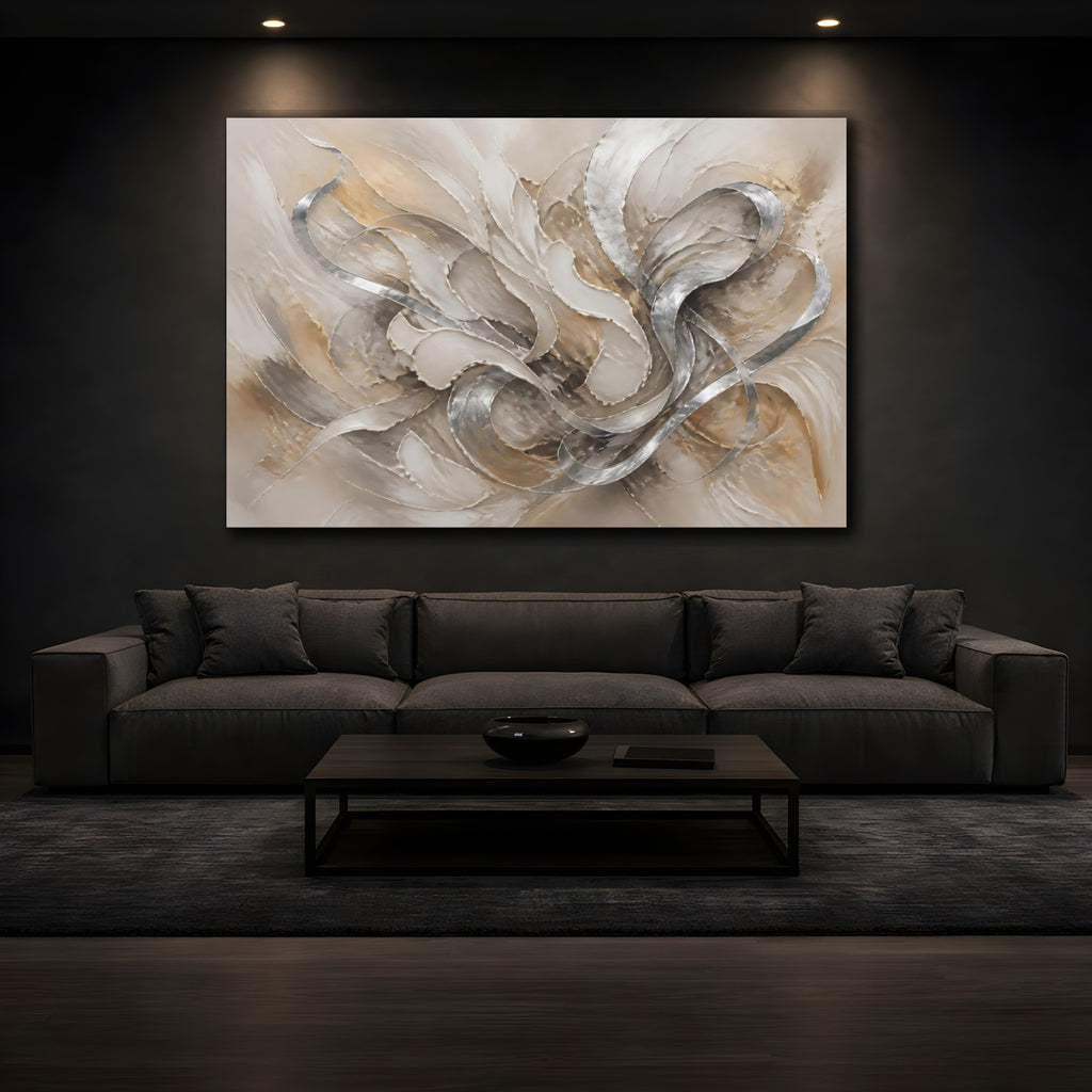 Mockup 3. Abstract Abstract Forms Neutral Silver Gold shown as stretched canvas wall art
