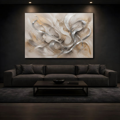 Mockup 3. Abstract Abstract Forms Neutral Silver Gold shown as stretched canvas wall art