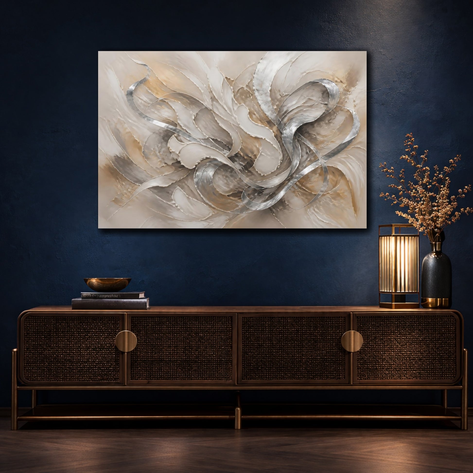 Mockup 4. Abstract Abstract Forms Neutral Silver Gold shown as stretched canvas wall art