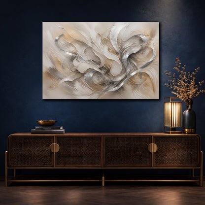 Mockup 4. Abstract Abstract Forms Neutral Silver Gold shown as stretched canvas wall art
