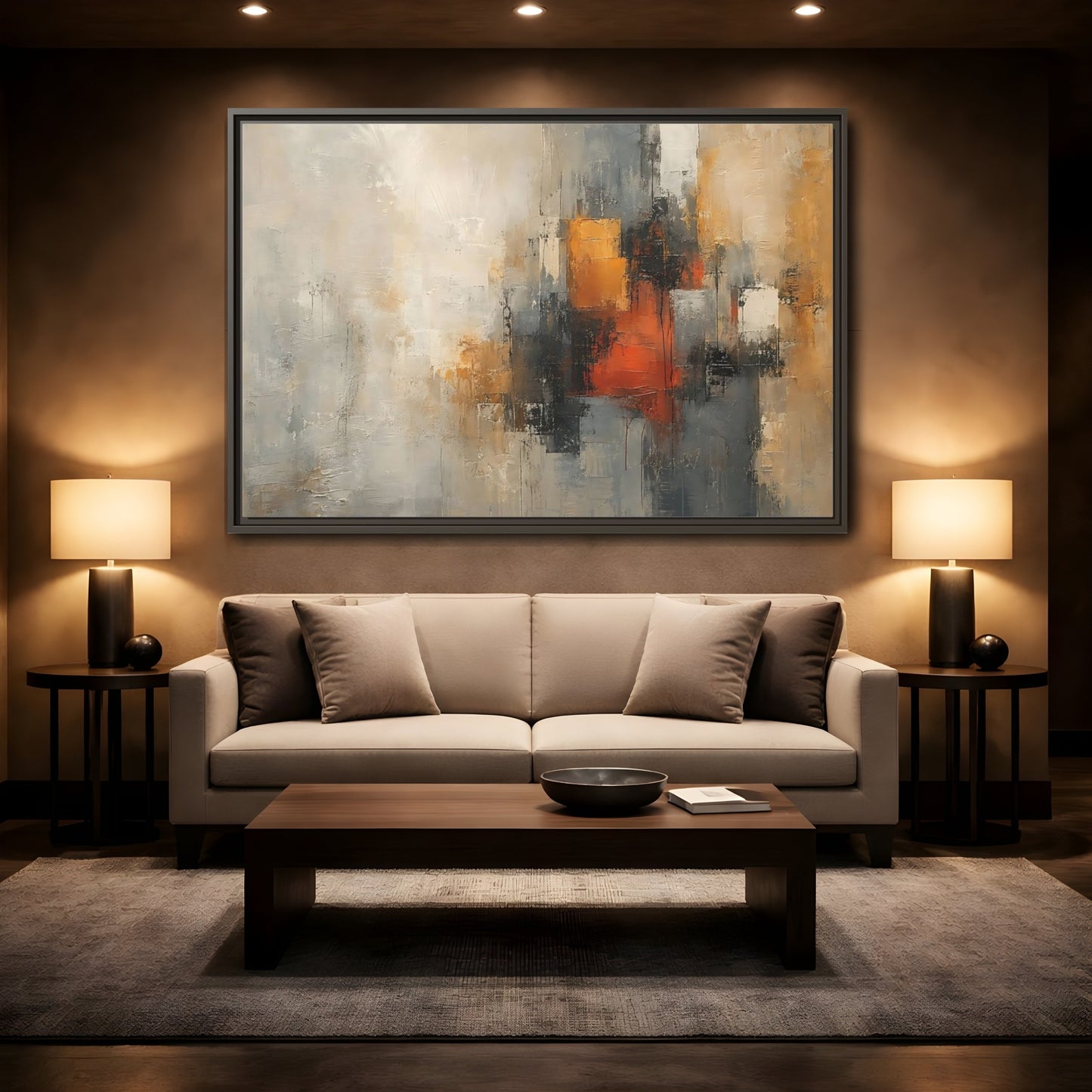 Mockup 2. Abstract Abstract Forms Orange Grey Abstract shown as stretched canvas wall art