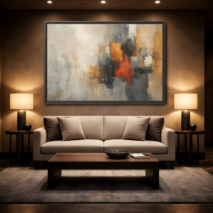 Mockup 2. Abstract Abstract Forms Orange Grey Abstract shown as stretched canvas wall art
