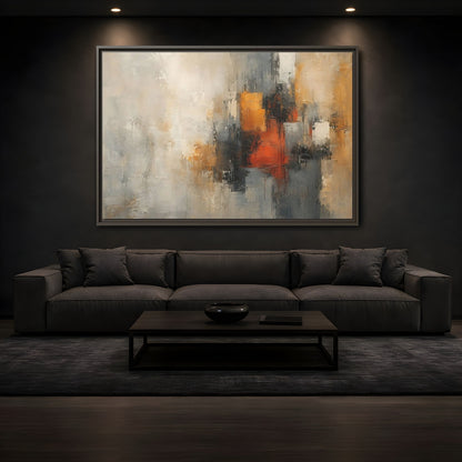Mockup 3. Abstract Abstract Forms Orange Grey Abstract shown as stretched canvas wall art