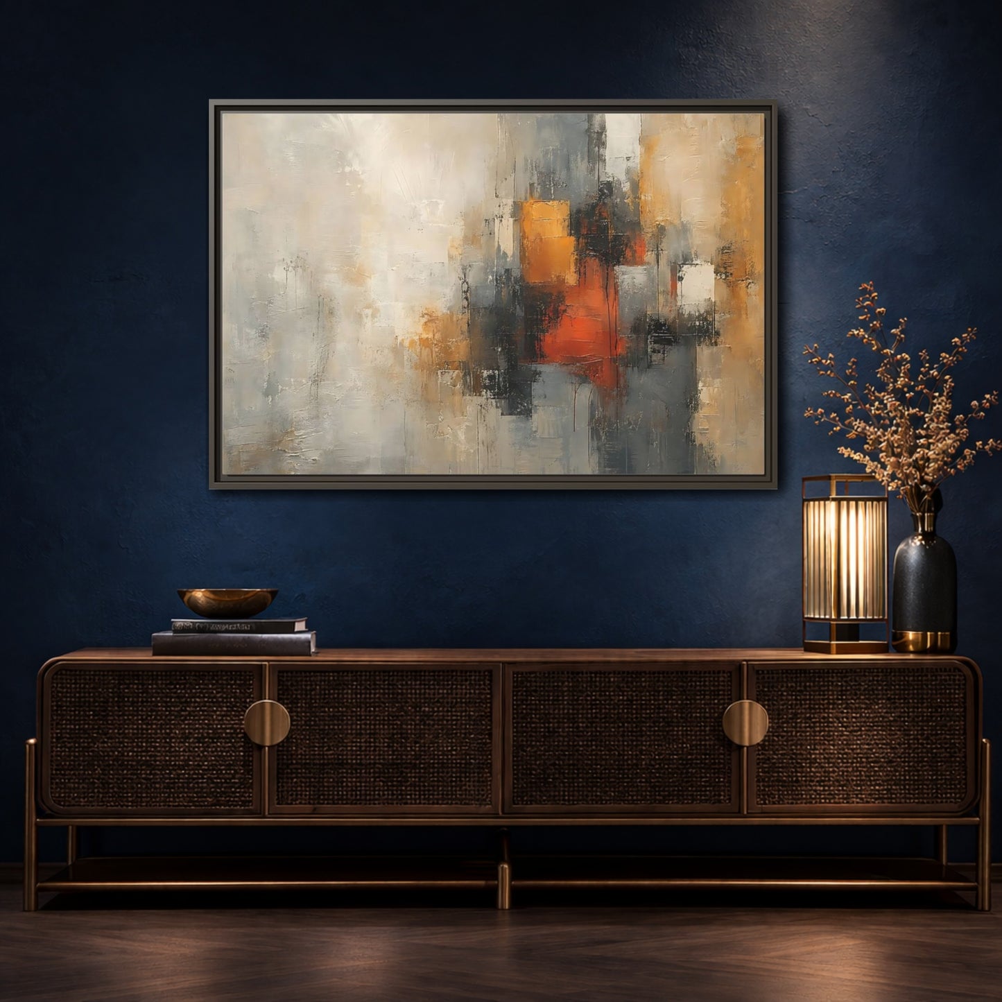 Mockup 4. Abstract Abstract Forms Orange Grey Abstract shown as stretched canvas wall art