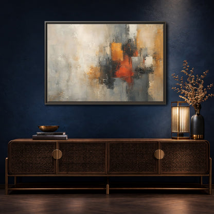 Mockup 4. Abstract Abstract Forms Orange Grey Abstract shown as stretched canvas wall art
