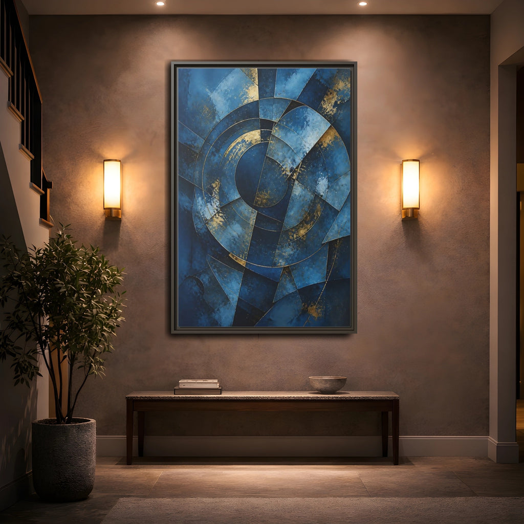 Mockup 2. Abstract Abstract Geometry Blue And Gold Abstract shown as stretched canvas wall art