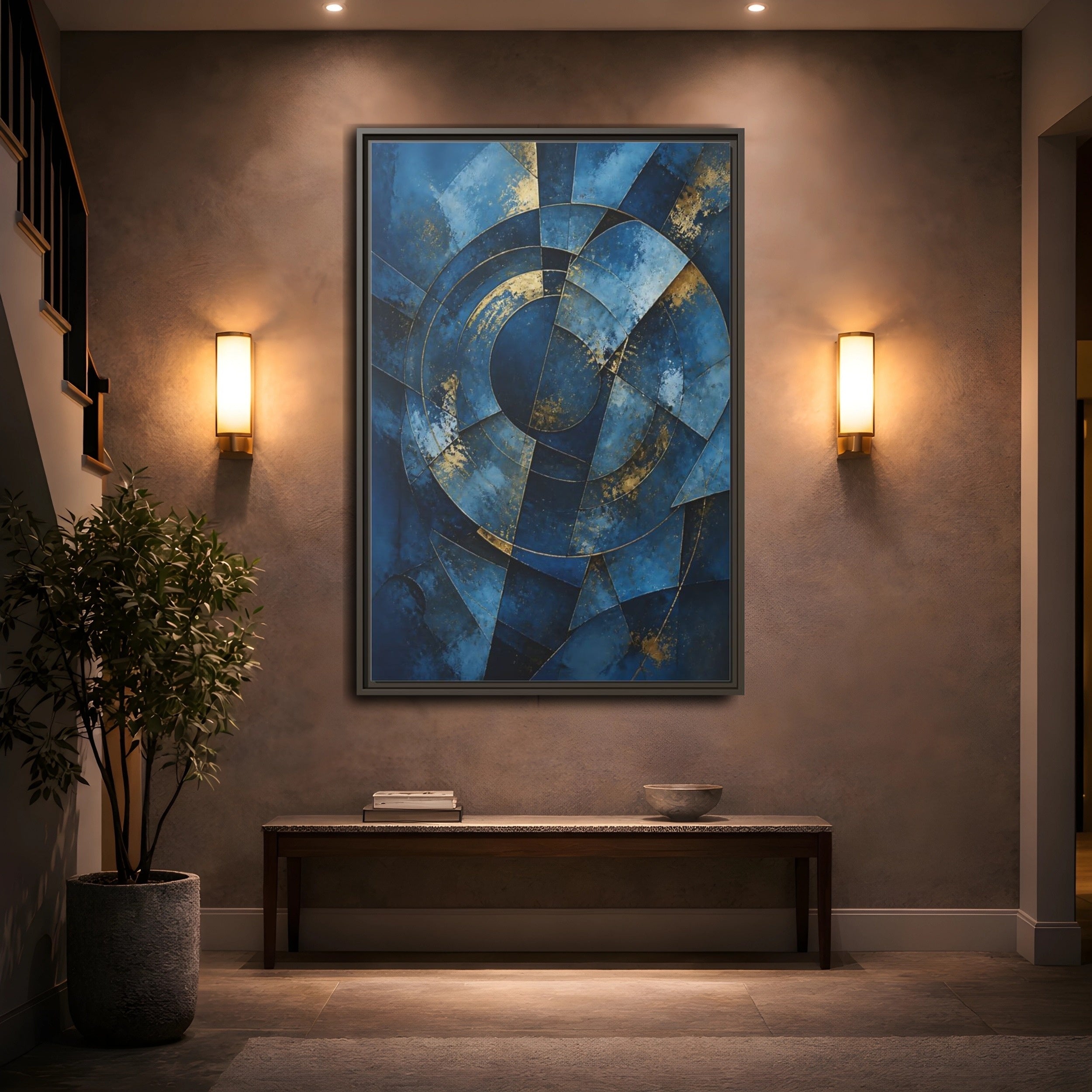 Mockup 2. Abstract Abstract Geometry Blue And Gold Abstract shown as stretched canvas wall art