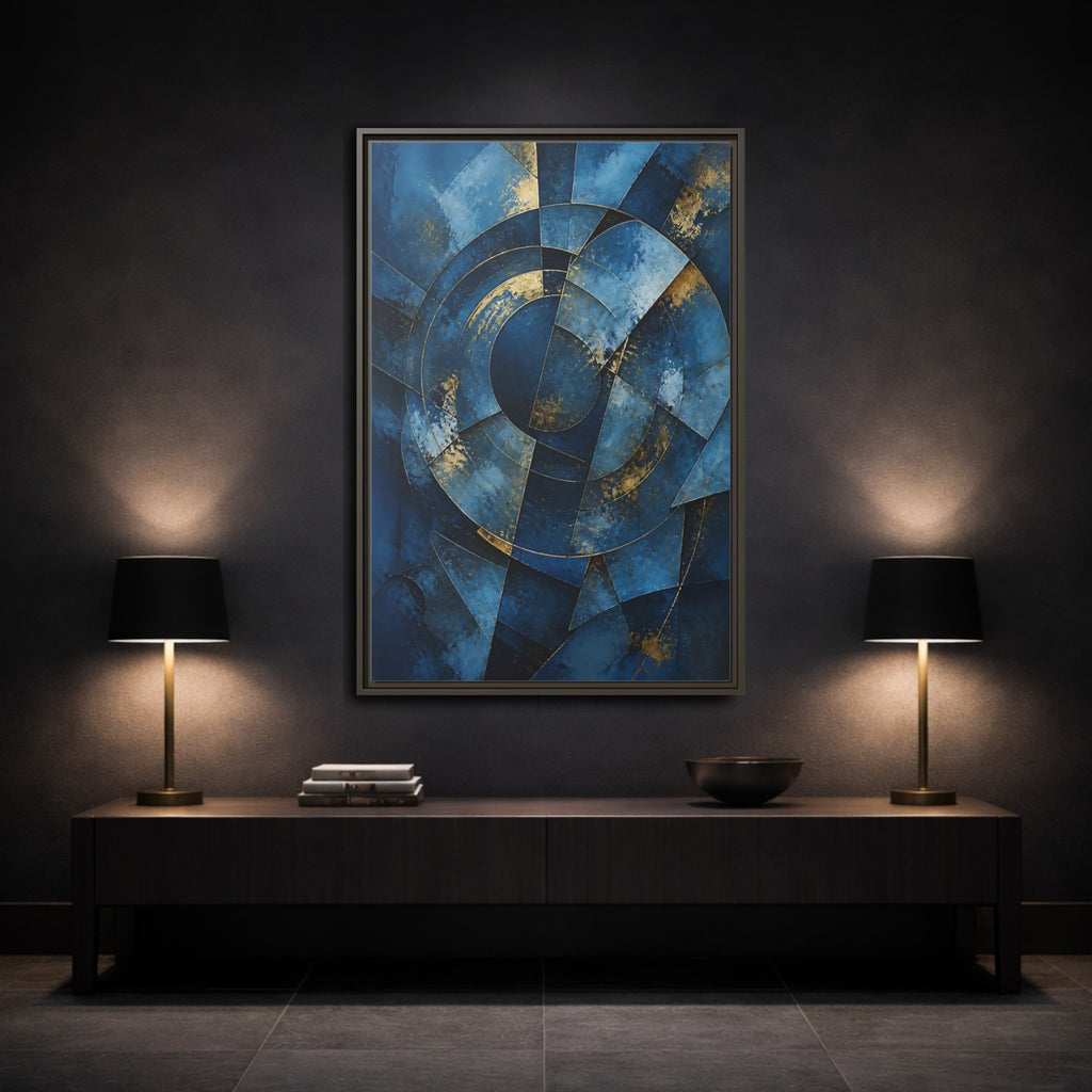 Mockup 3. Abstract Abstract Geometry Blue And Gold Abstract shown as stretched canvas wall art