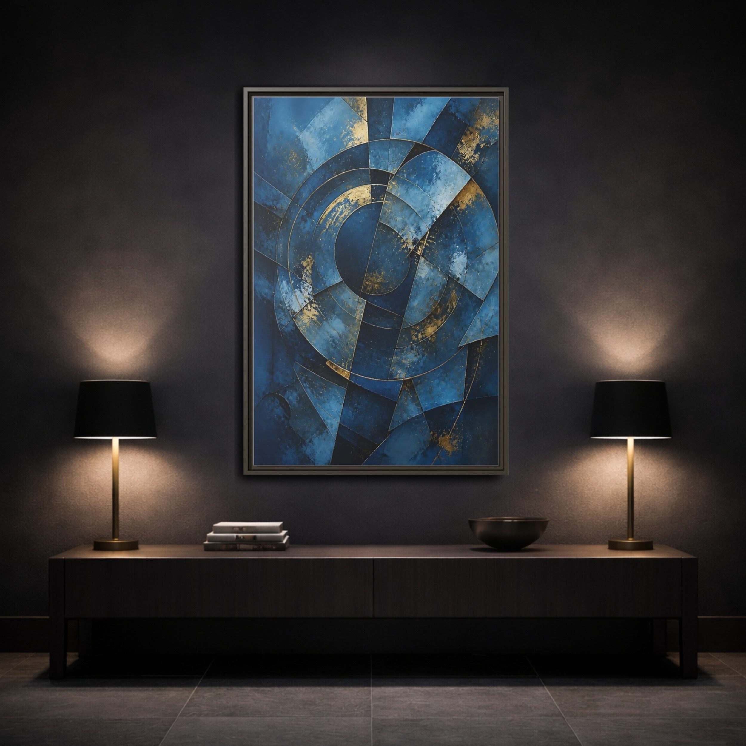 Mockup 3. Abstract Abstract Geometry Blue And Gold Abstract shown as stretched canvas wall art