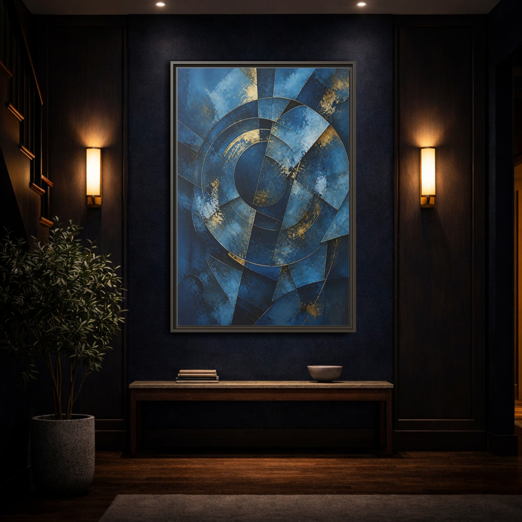 Mockup 4. Abstract Abstract Geometry Blue And Gold Abstract shown as stretched canvas wall art