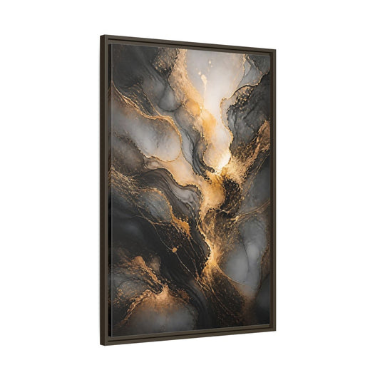 Main Mockup. Abstract Abstract Ink Black And Gold Ink shown as stretched canvas wall art