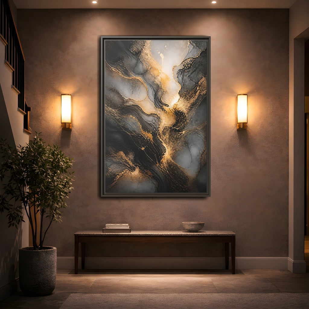 Mockup 2. Abstract Abstract Ink Black And Gold Ink shown as stretched canvas wall art