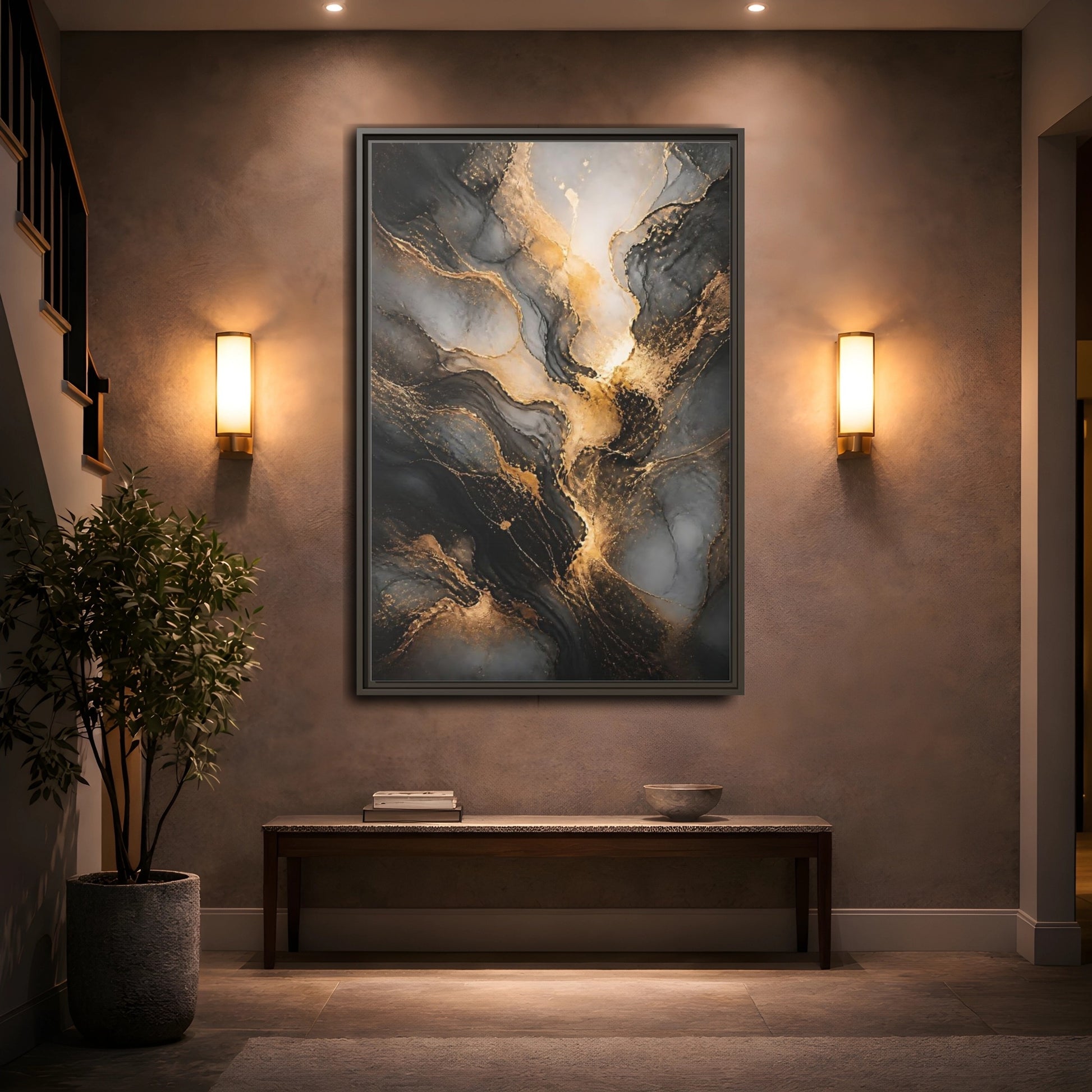 Mockup 2. Abstract Abstract Ink Black And Gold Ink shown as stretched canvas wall art
