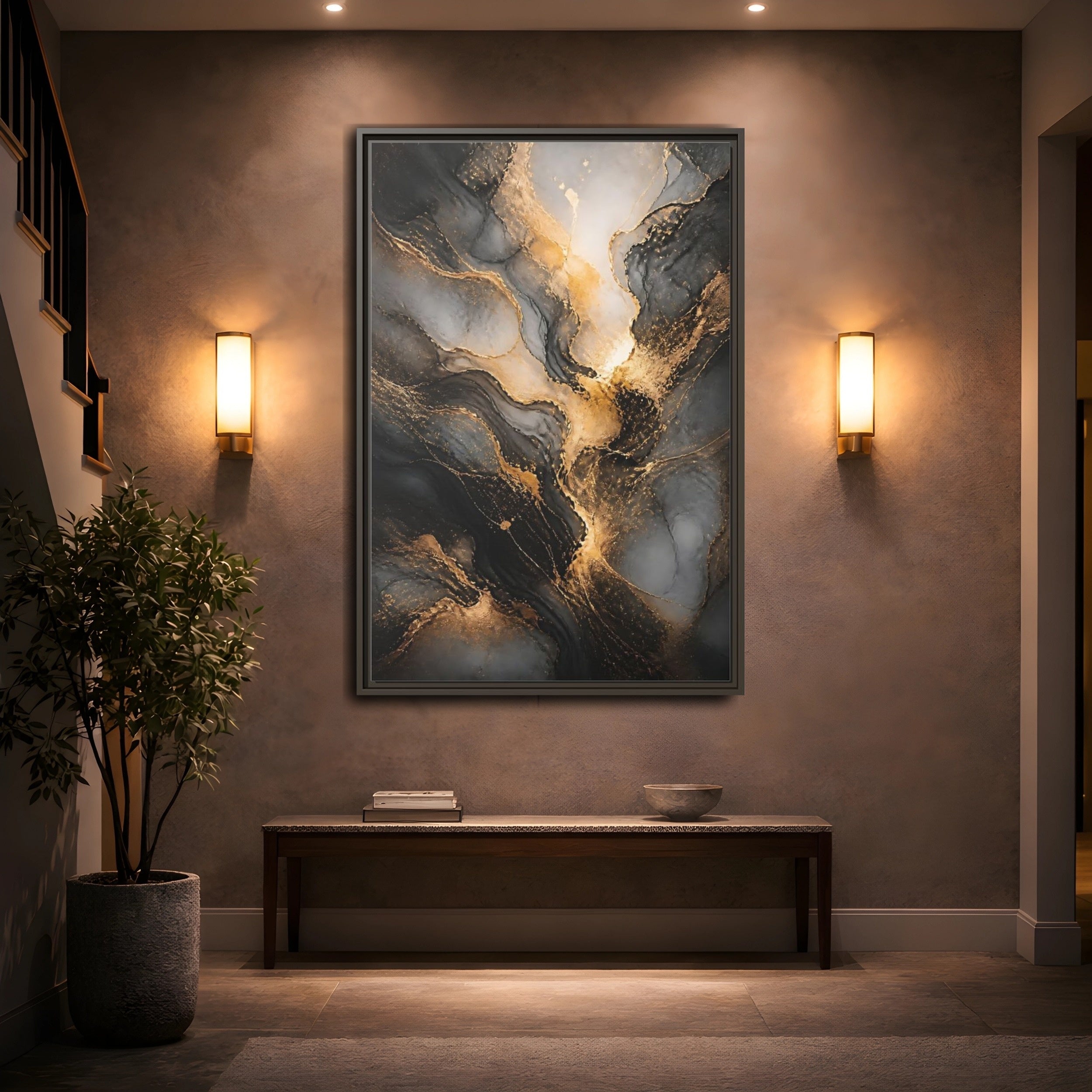 Mockup 2. Abstract Abstract Ink Black And Gold Ink shown as stretched canvas wall art