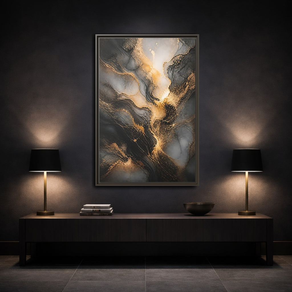 Mockup 3. Abstract Abstract Ink Black And Gold Ink shown as stretched canvas wall art