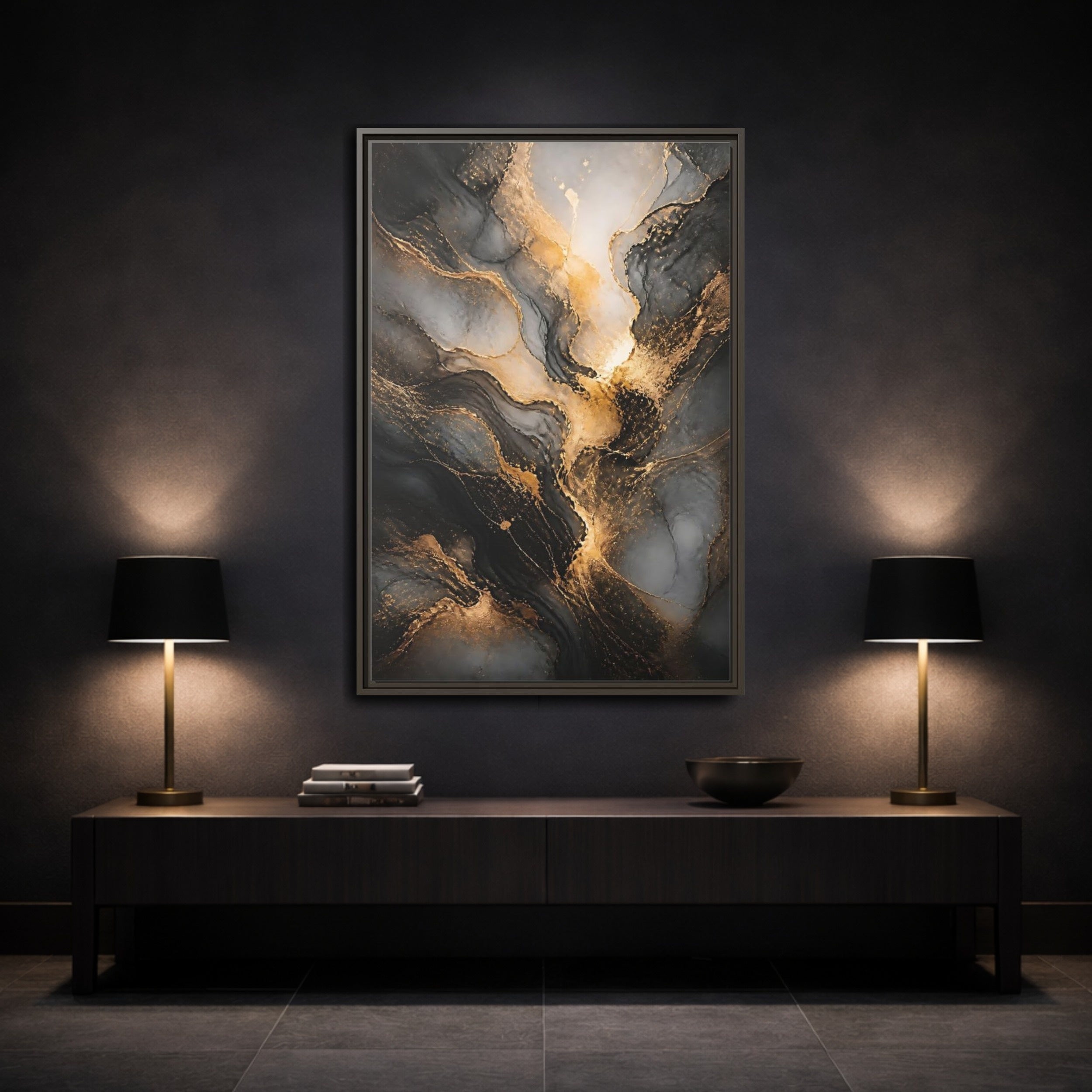 Mockup 3. Abstract Abstract Ink Black And Gold Ink shown as stretched canvas wall art