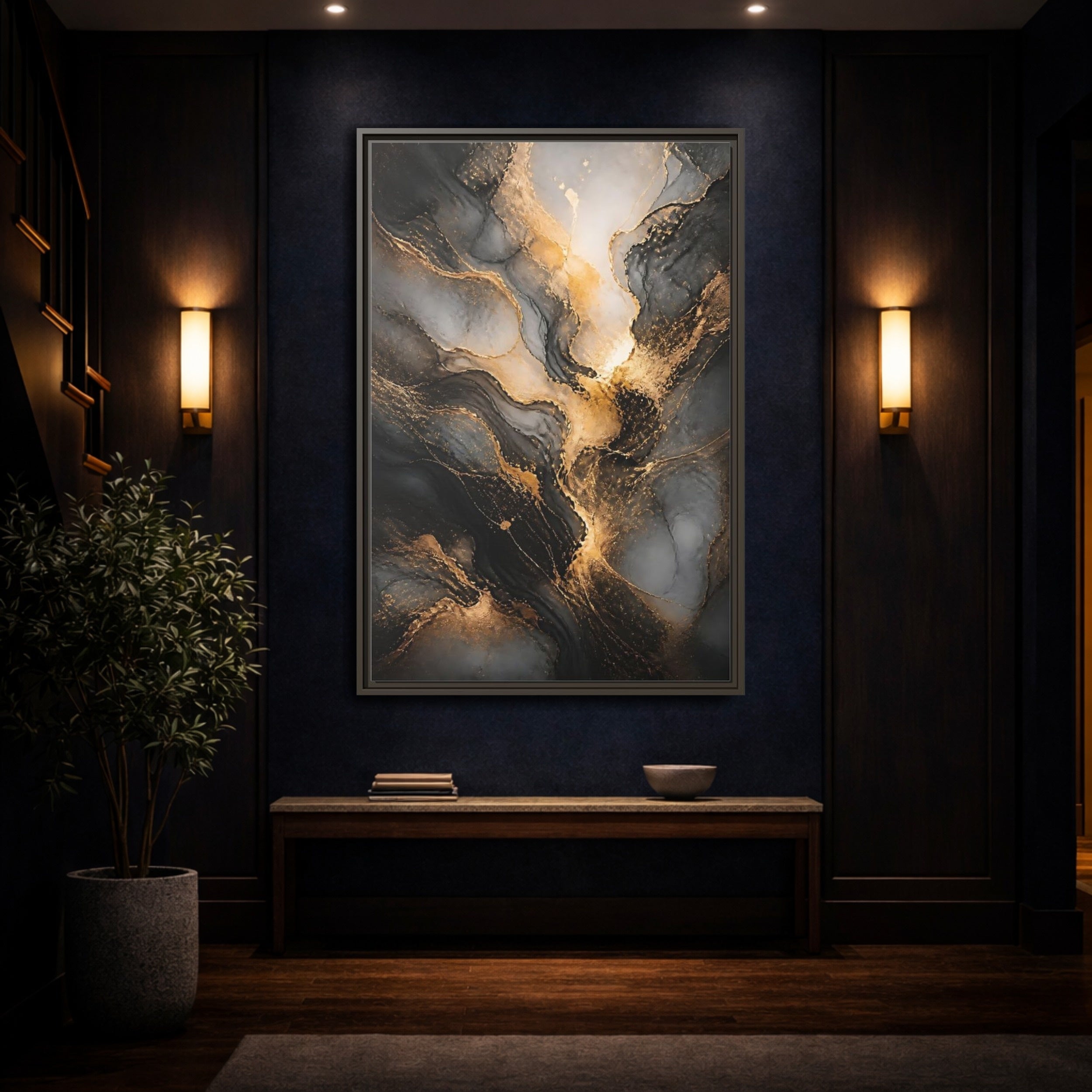Mockup 4. Abstract Abstract Ink Black And Gold Ink shown as stretched canvas wall art