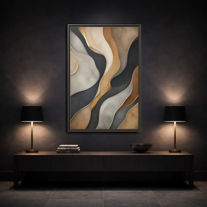 Mockup 3. Abstract Abstract Layers Neutral Gold Abstract shown as stretched canvas wall art