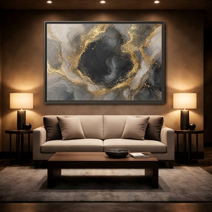 Mockup 2. Abstract Abstract Marble Black Gold Marble shown as stretched canvas wall art