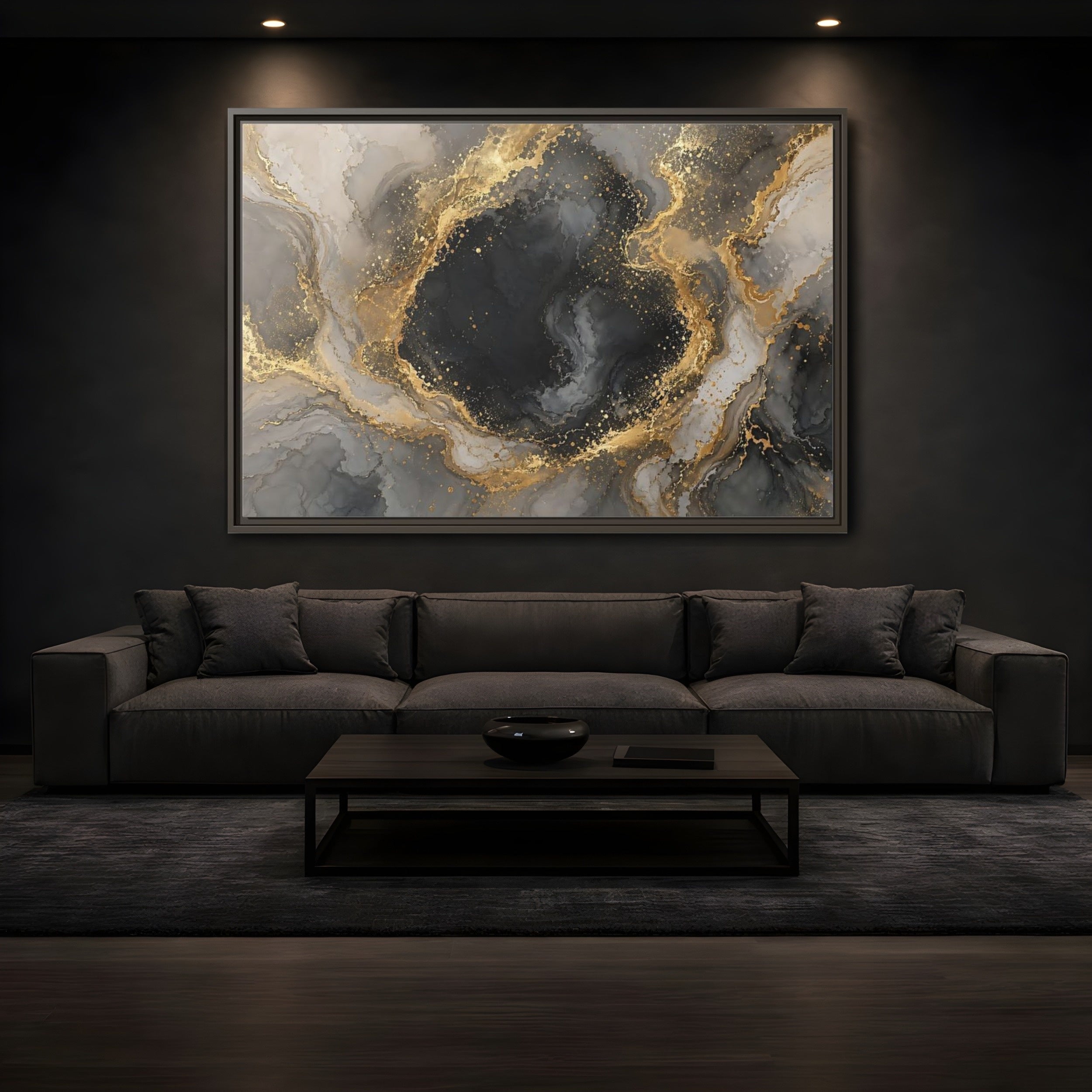 Mockup 3. Abstract Abstract Marble Black Gold Marble shown as stretched canvas wall art