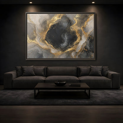 Mockup 3. Abstract Abstract Marble Black Gold Marble shown as stretched canvas wall art