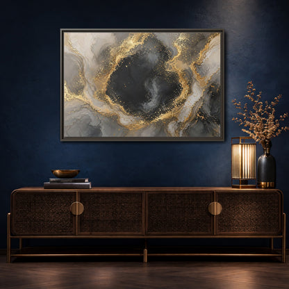 Mockup 4. Abstract Abstract Marble Black Gold Marble shown as stretched canvas wall art