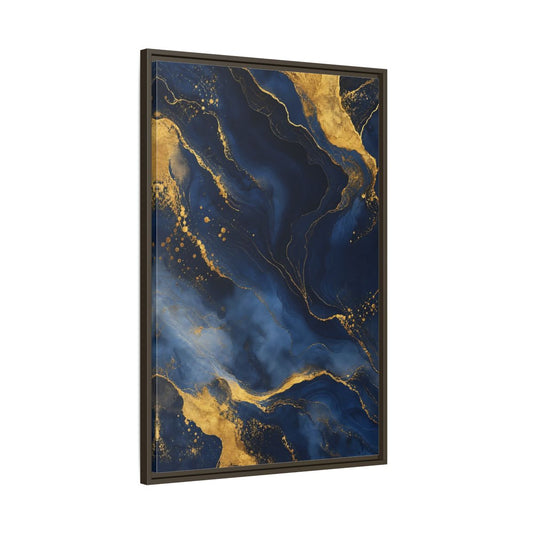 Main Mockup. Abstract Abstract Marble Blue And Gold shown as stretched canvas wall art