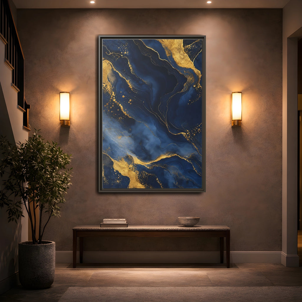 Mockup 2. Abstract Abstract Marble Blue And Gold shown as stretched canvas wall art