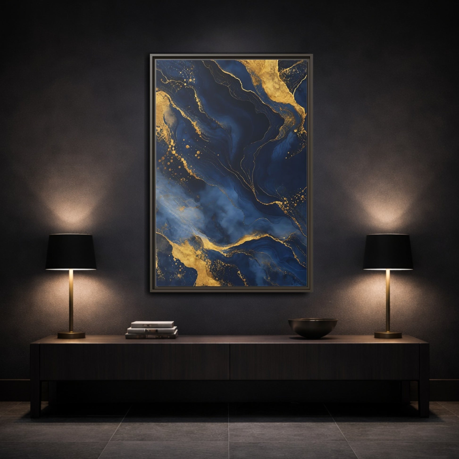 Mockup 3. Abstract Abstract Marble Blue And Gold shown as stretched canvas wall art