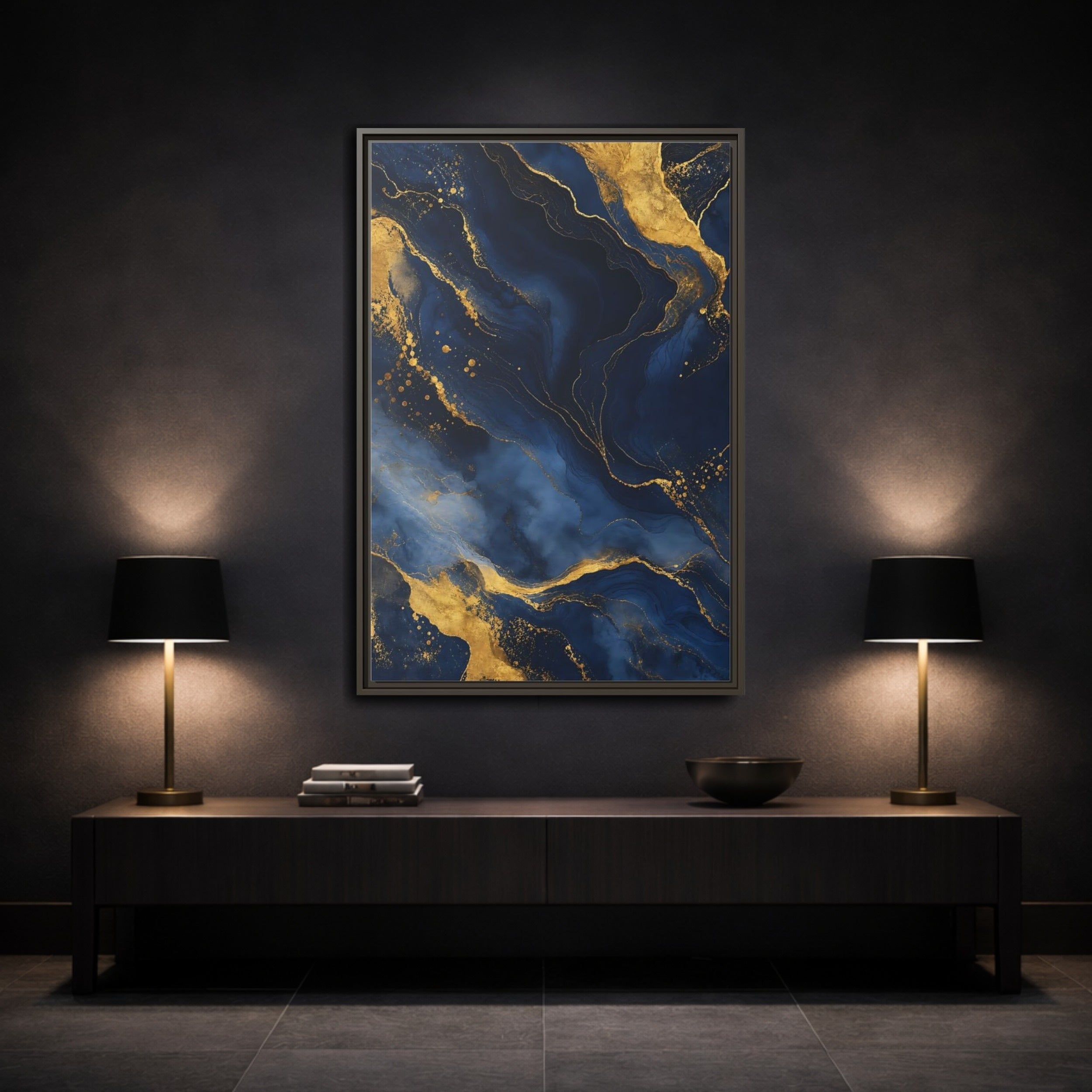 Mockup 3. Abstract Abstract Marble Blue And Gold shown as stretched canvas wall art