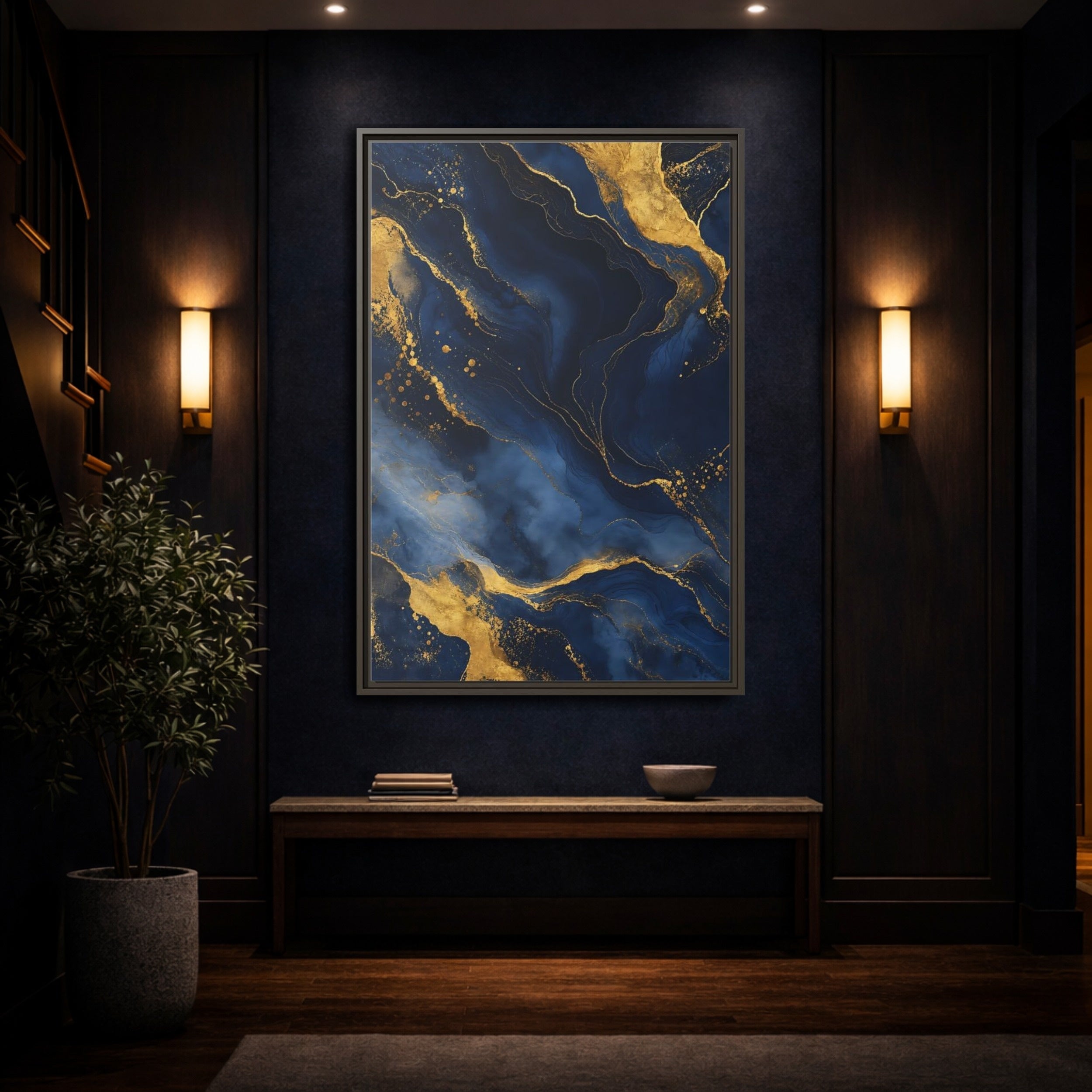 Mockup 4. Abstract Abstract Marble Blue And Gold shown as stretched canvas wall art