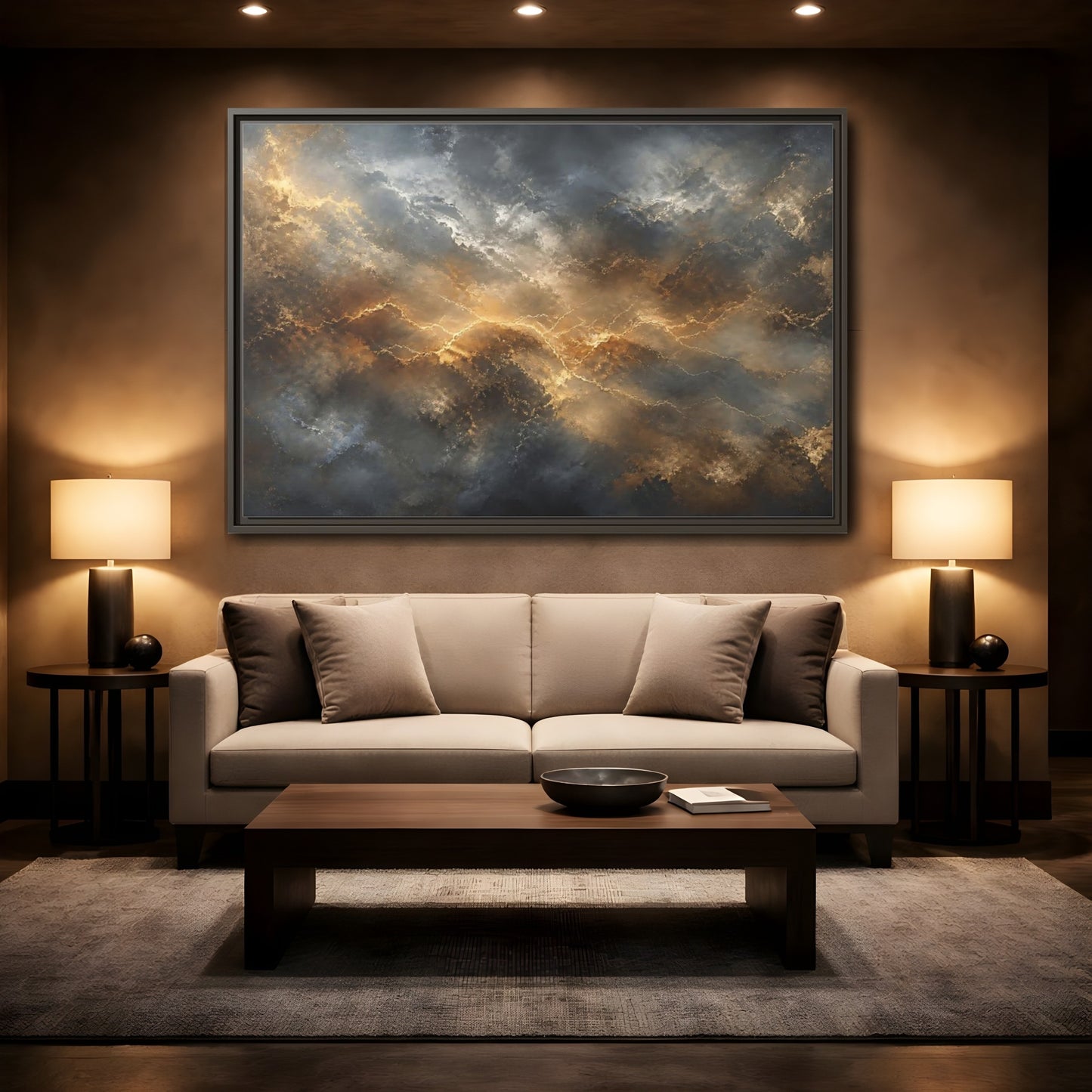 Mockup 2. Abstract Abstract Pattern Gold And Gray shown as stretched canvas wall art
