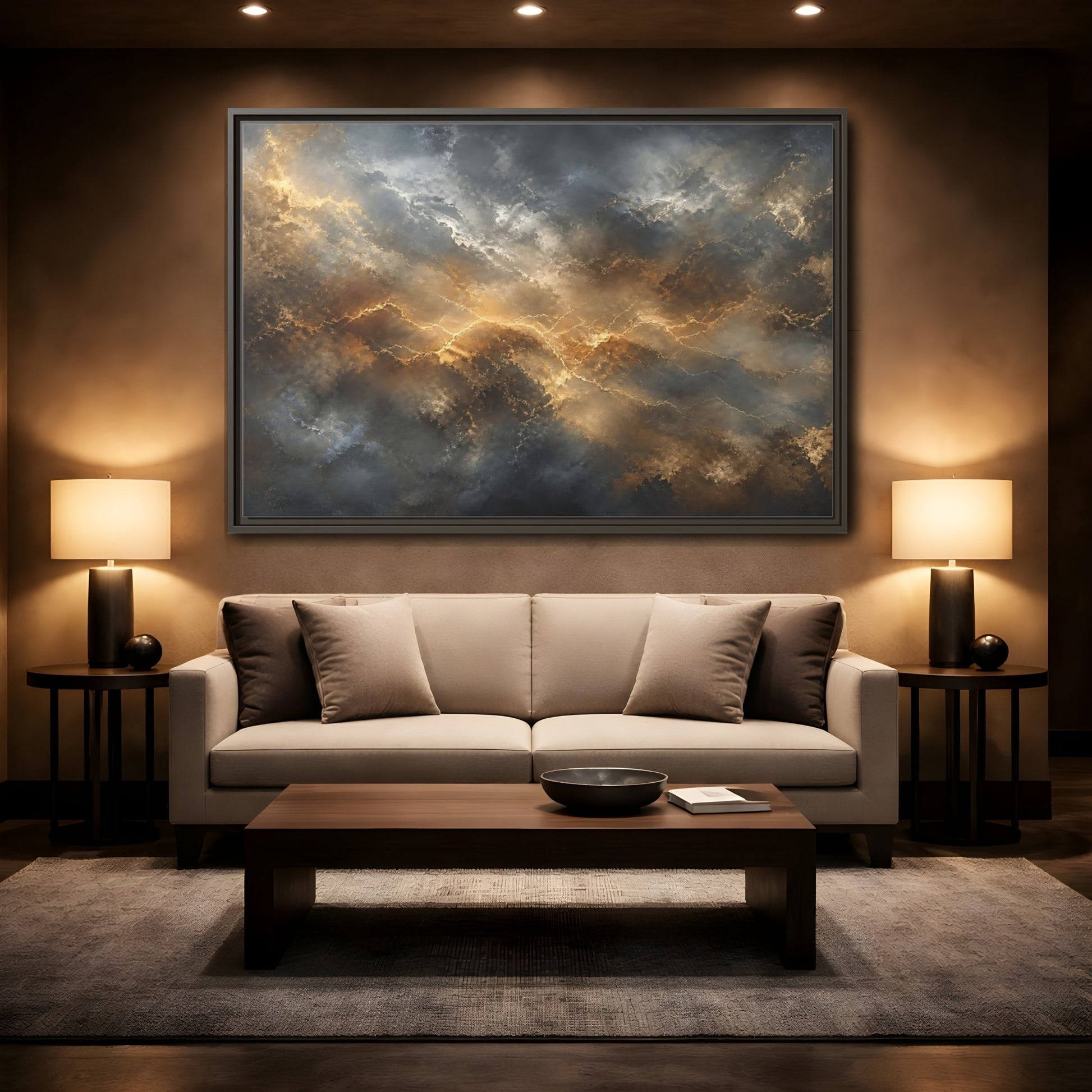 Mockup 2. Abstract Abstract Pattern Gold And Gray shown as stretched canvas wall art
