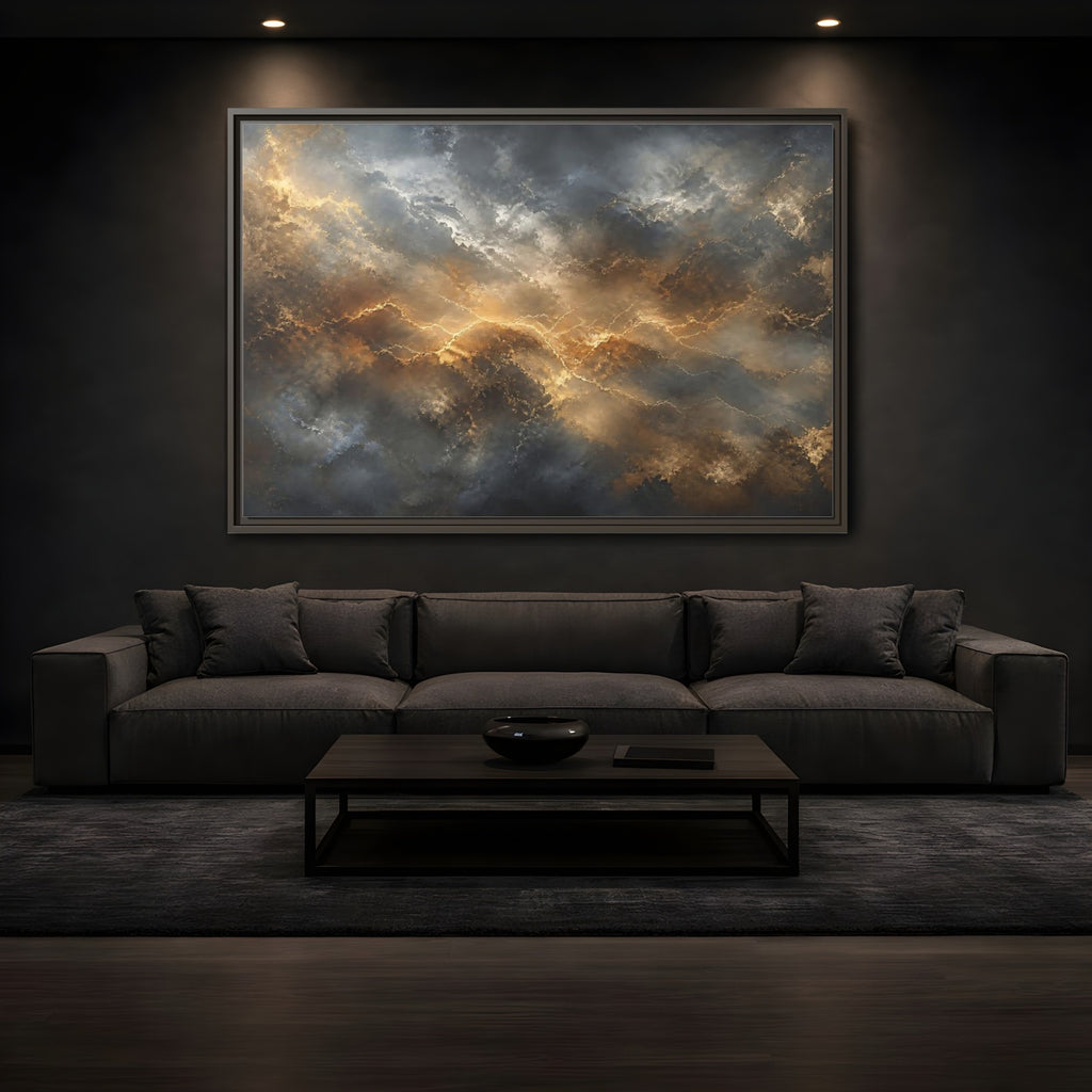 Mockup 3. Abstract Abstract Pattern Gold And Gray shown as stretched canvas wall art