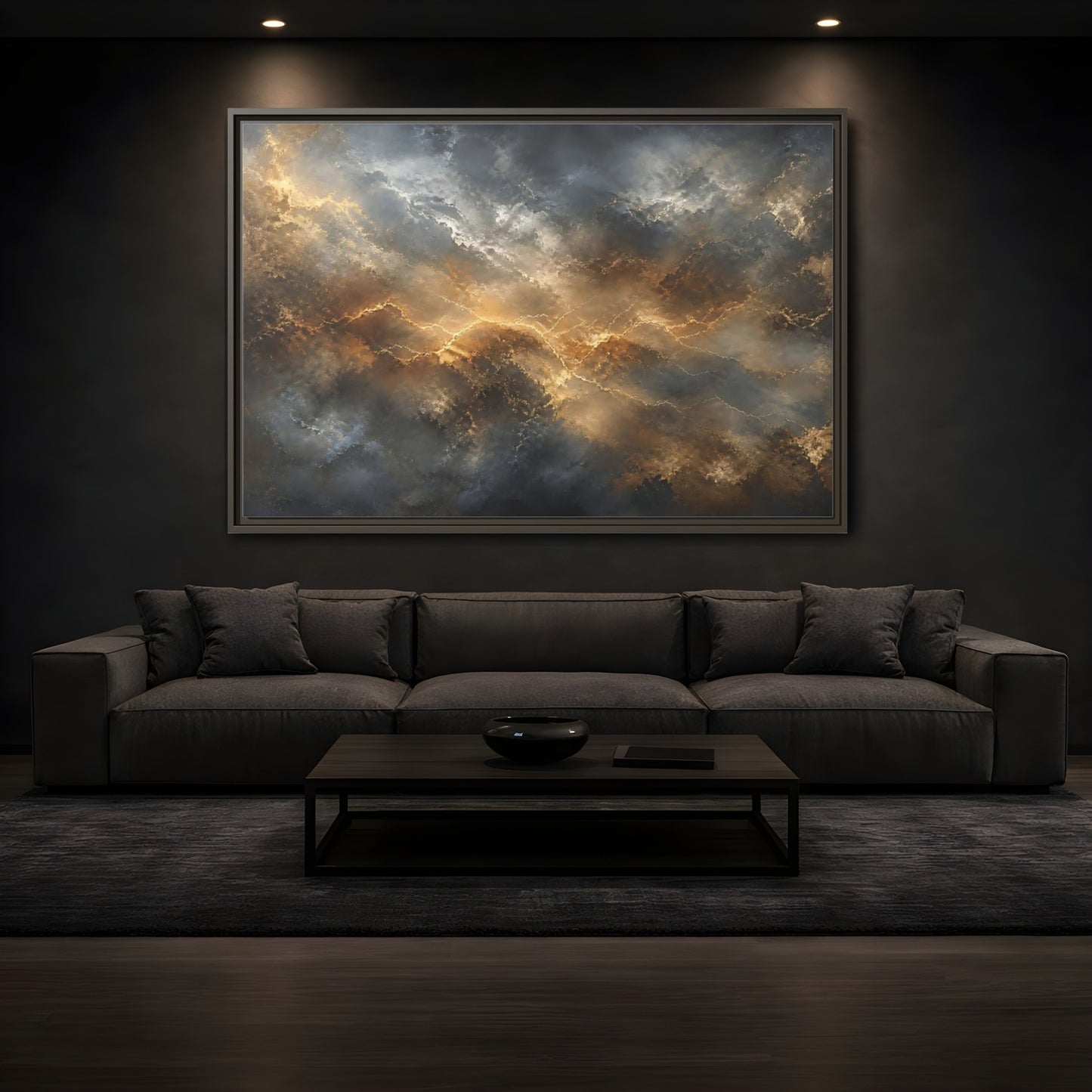 Mockup 3. Abstract Abstract Pattern Gold And Gray shown as stretched canvas wall art