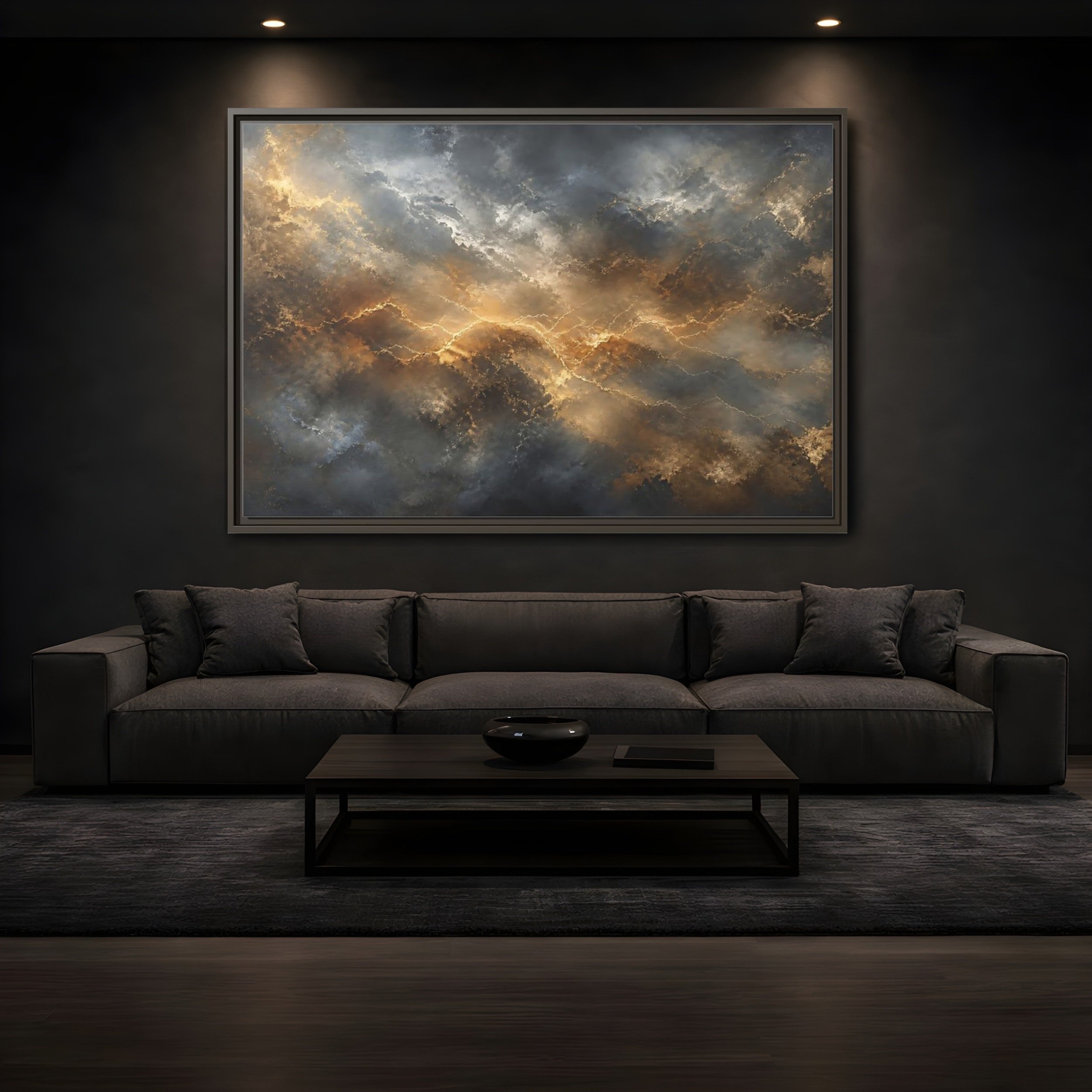 Mockup 3. Abstract Abstract Pattern Gold And Gray shown as stretched canvas wall art