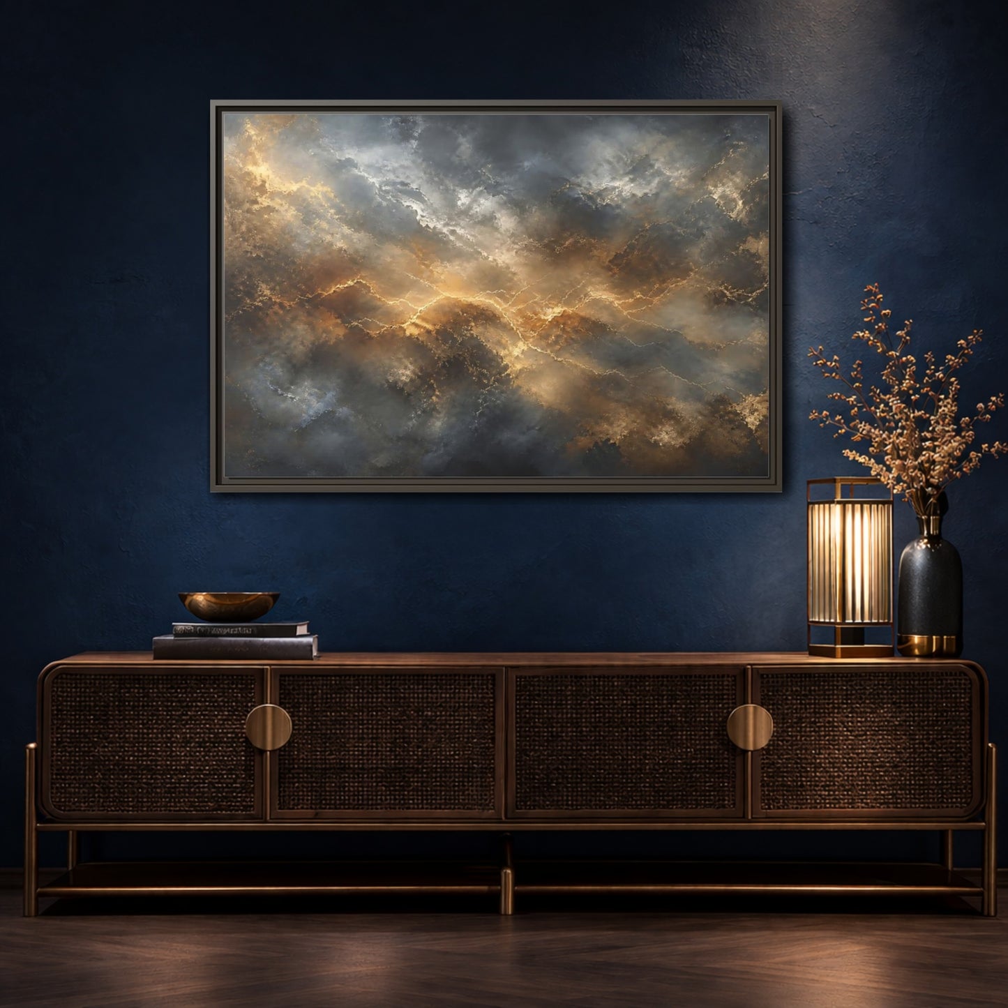 Mockup 4. Abstract Abstract Pattern Gold And Gray shown as stretched canvas wall art