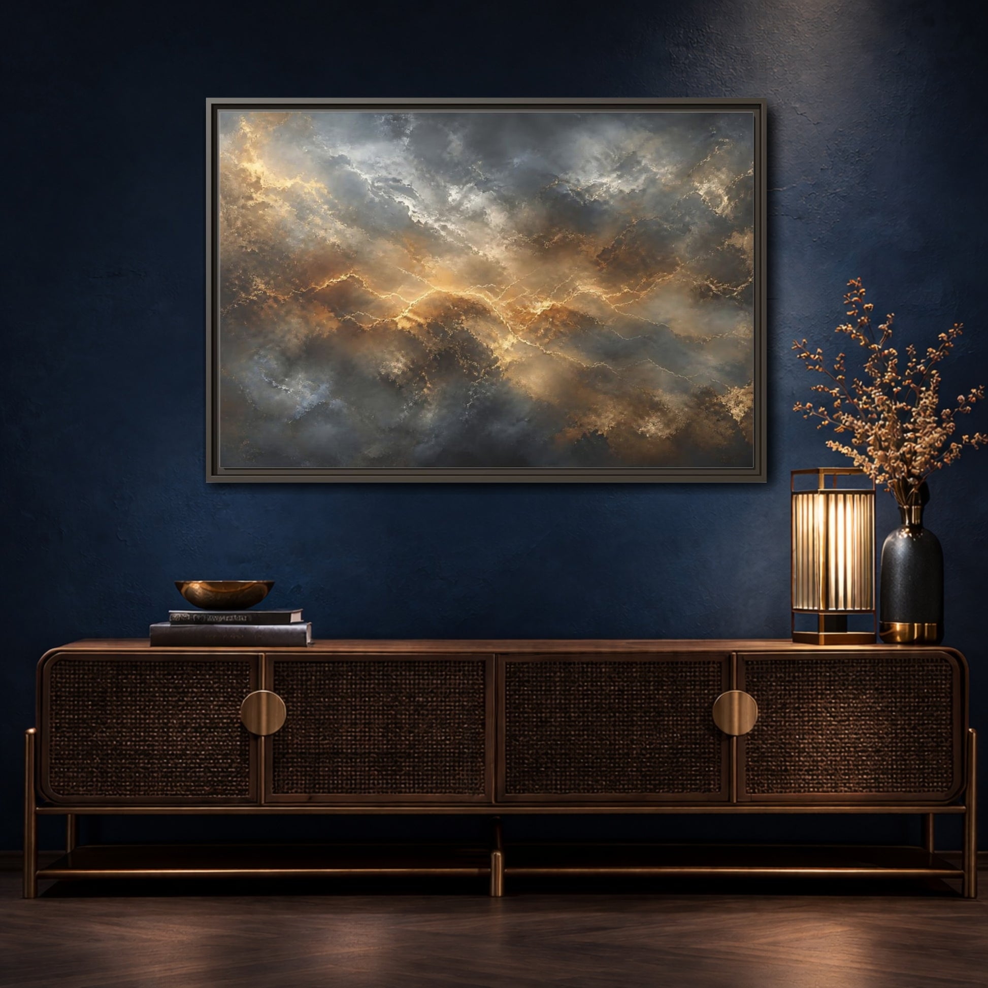 Mockup 4. Abstract Abstract Pattern Gold And Gray shown as stretched canvas wall art