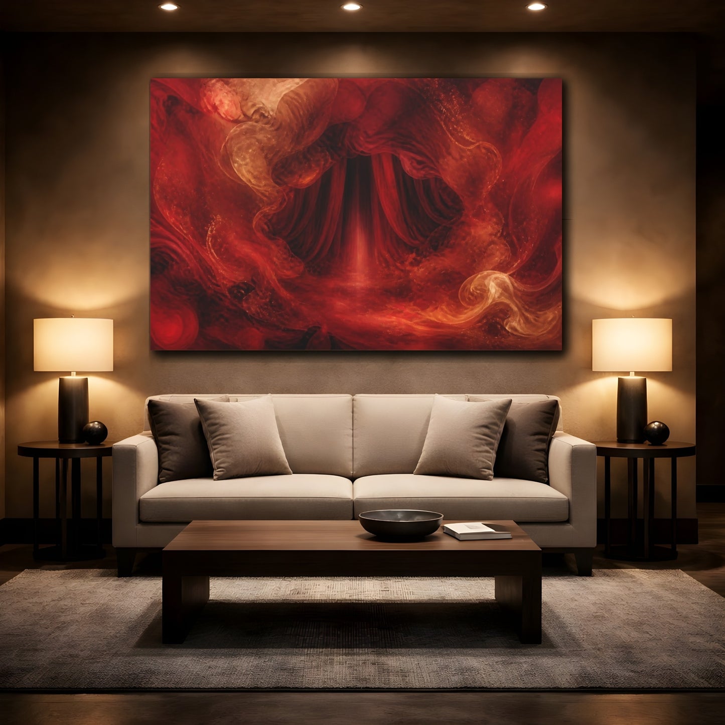 Mockup 2. Abstract Abstract Portal Red And Orange shown as stretched canvas wall art