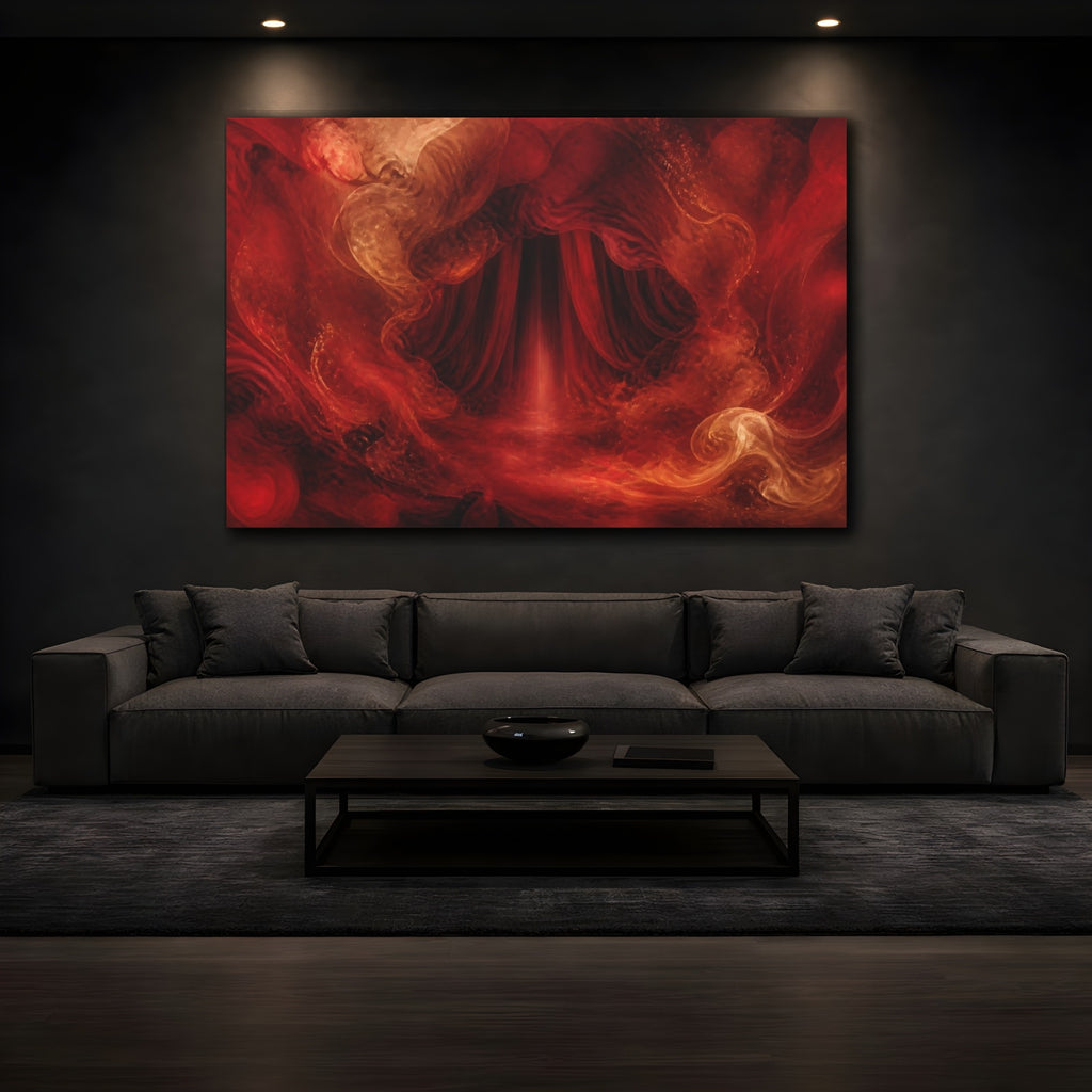 Mockup 3. Abstract Abstract Portal Red And Orange shown as stretched canvas wall art