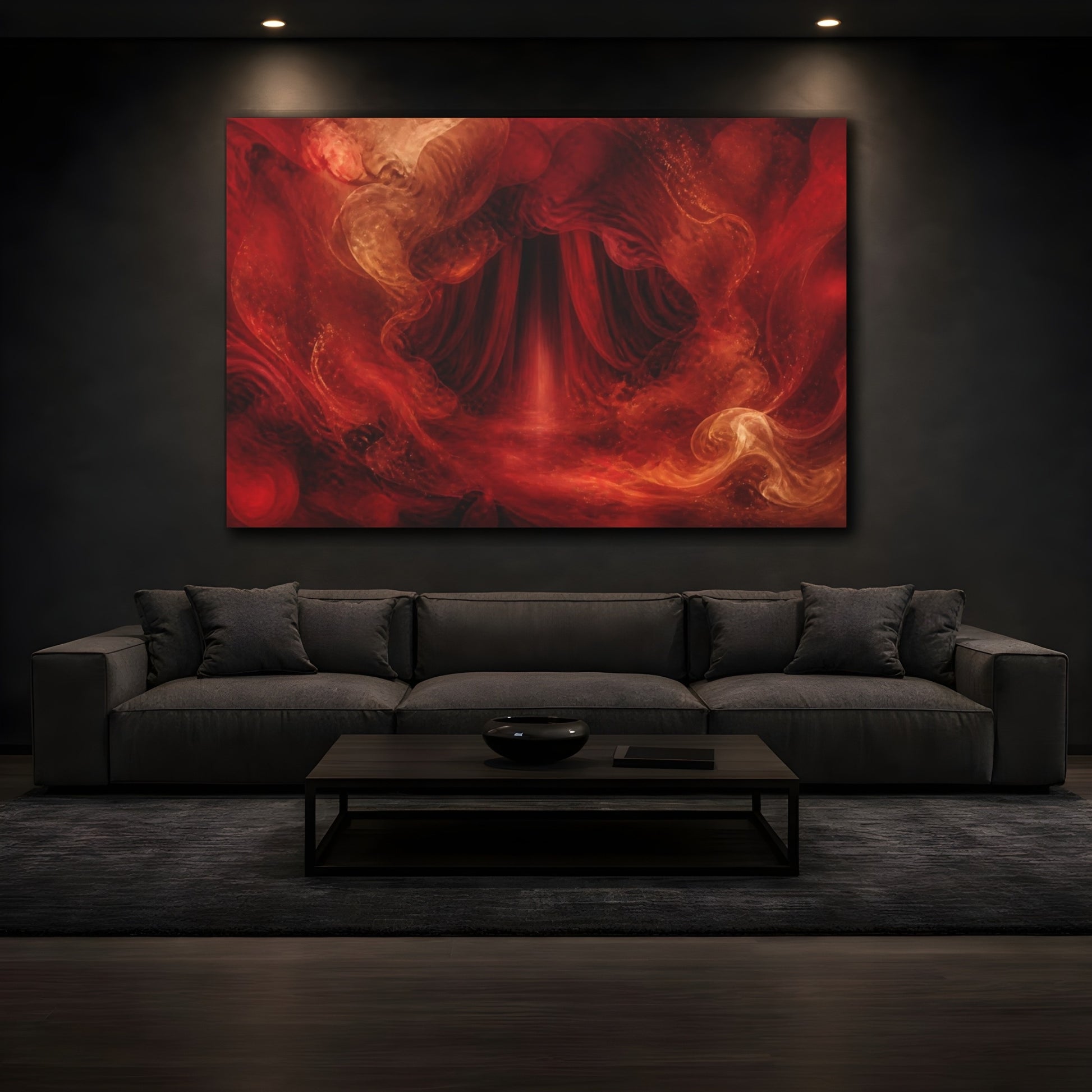 Mockup 3. Abstract Abstract Portal Red And Orange shown as stretched canvas wall art