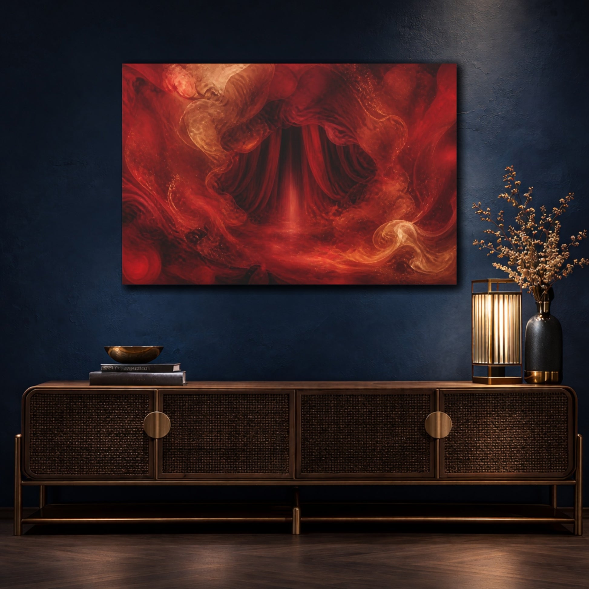 Mockup 4. Abstract Abstract Portal Red And Orange shown as stretched canvas wall art