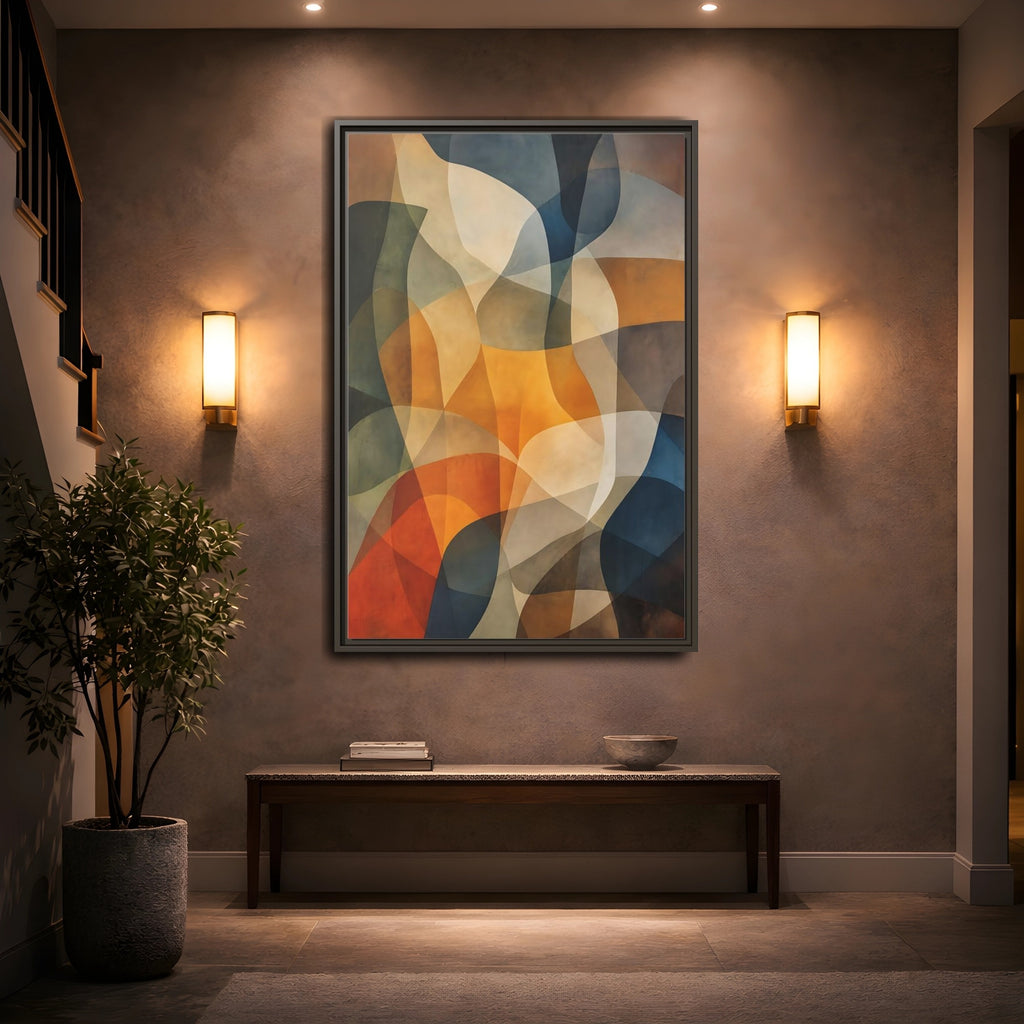 Mockup 2. Abstract Abstract Shapes Abstract Brown Orange Blue shown as stretched canvas wall art