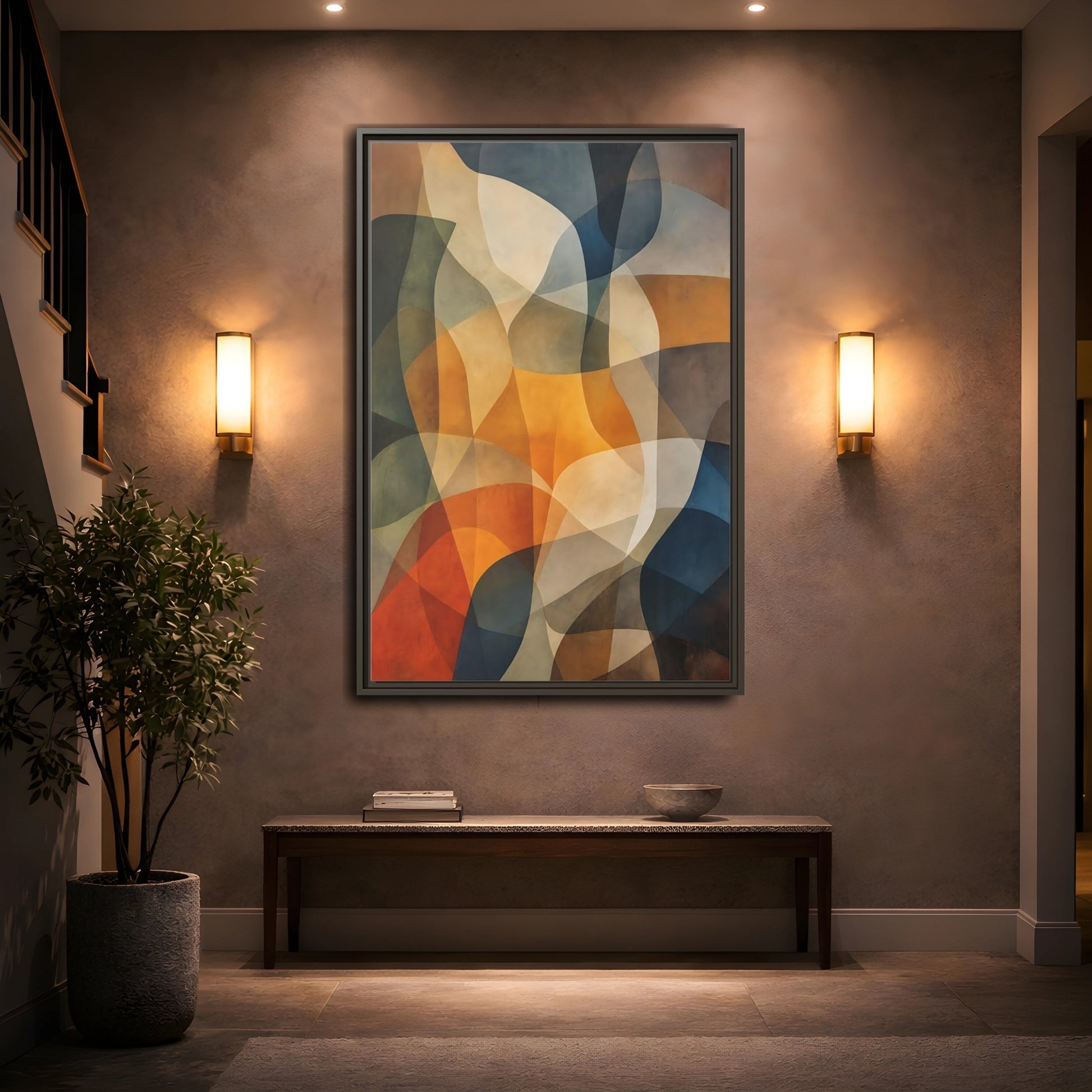 Mockup 2. Abstract Abstract Shapes Abstract Brown Orange Blue shown as stretched canvas wall art