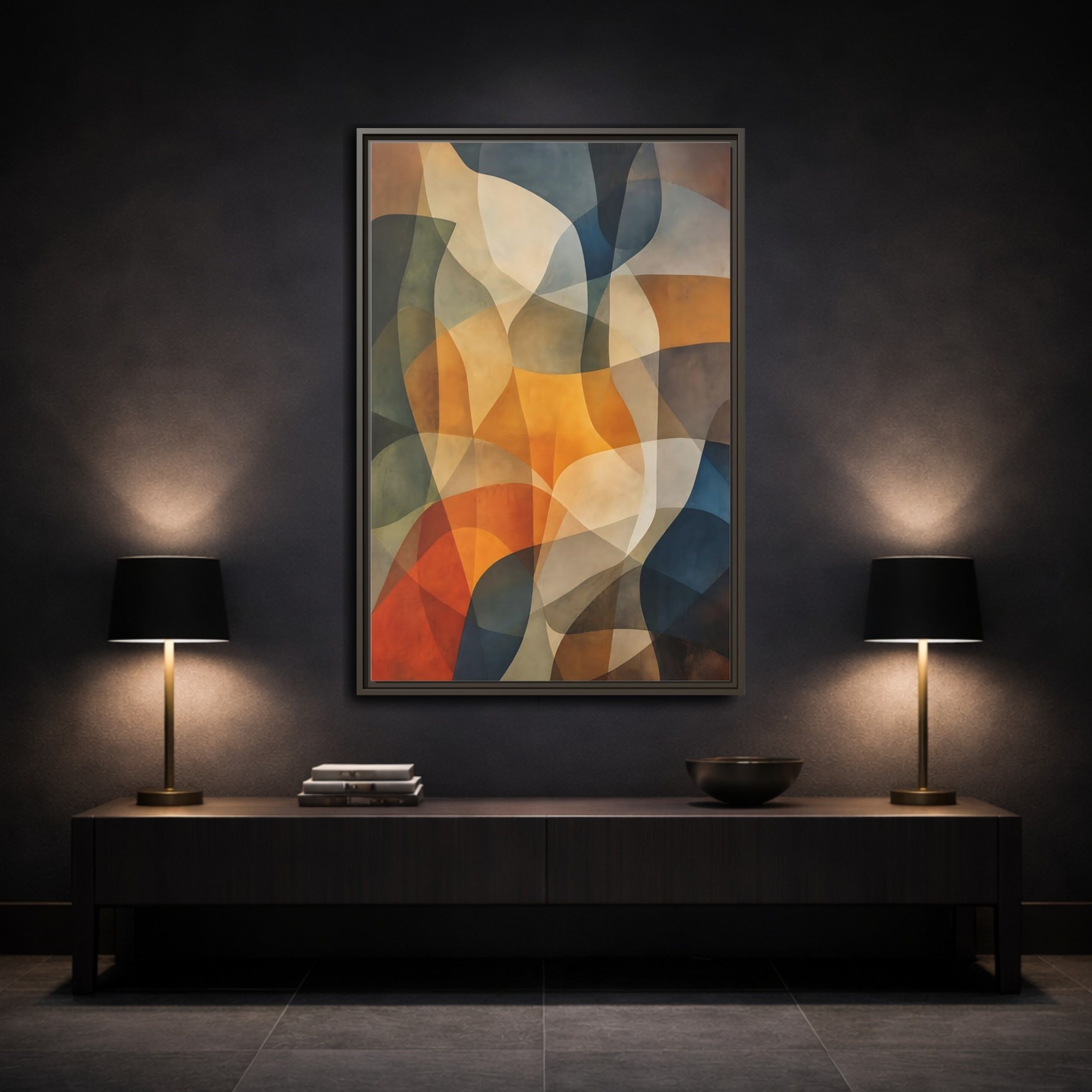 Mockup 3. Abstract Abstract Shapes Abstract Brown Orange Blue shown as stretched canvas wall art