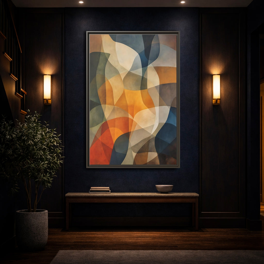 Mockup 4. Abstract Abstract Shapes Abstract Brown Orange Blue shown as stretched canvas wall art