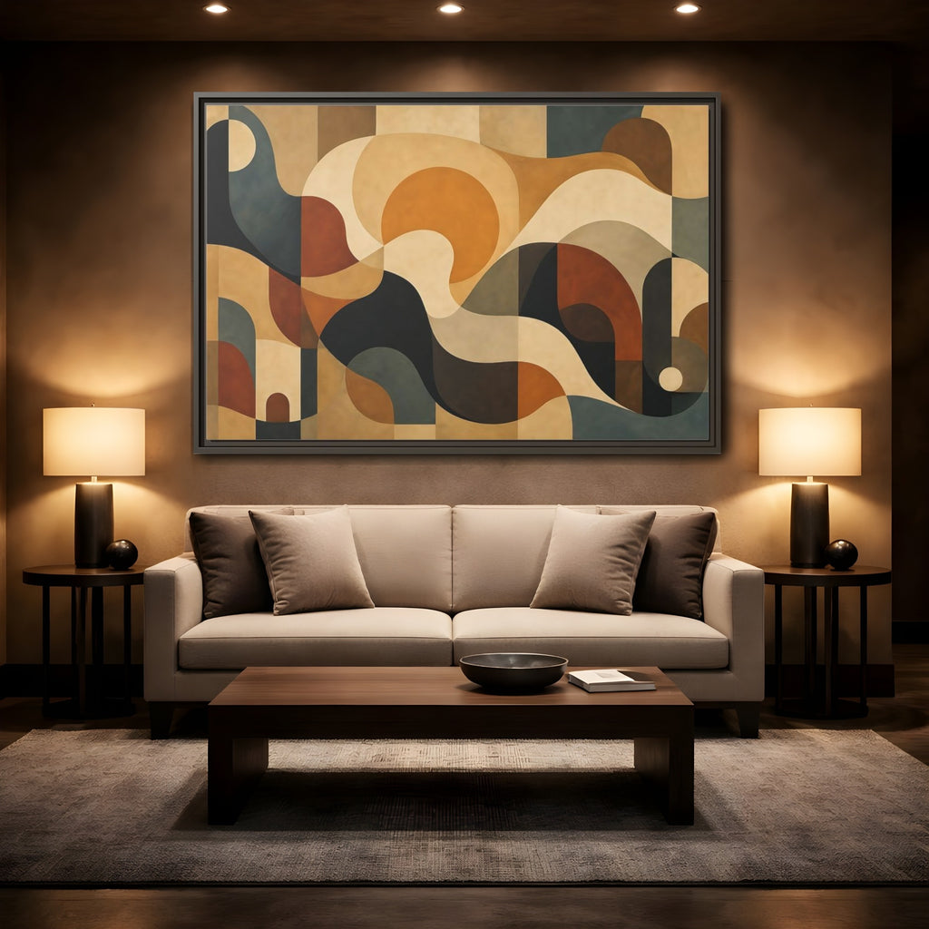 Mockup 2. Abstract Abstract Shapes Abstract Warm Tones shown as stretched canvas wall art