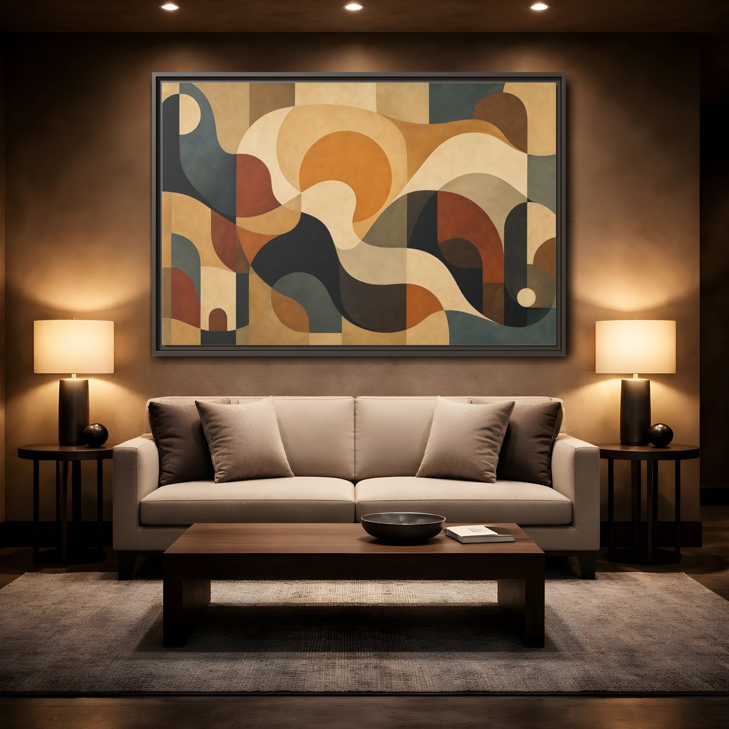 Mockup 2. Abstract Abstract Shapes Abstract Warm Tones shown as stretched canvas wall art